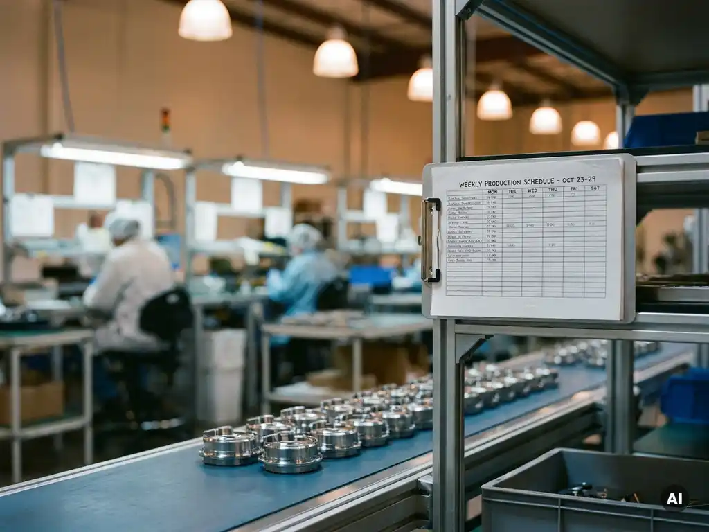 Factory assembly line with precision-machined components in neat rows on a conveyor belt, clipboard schedule pinned to metal rack under soft industrial lighting.