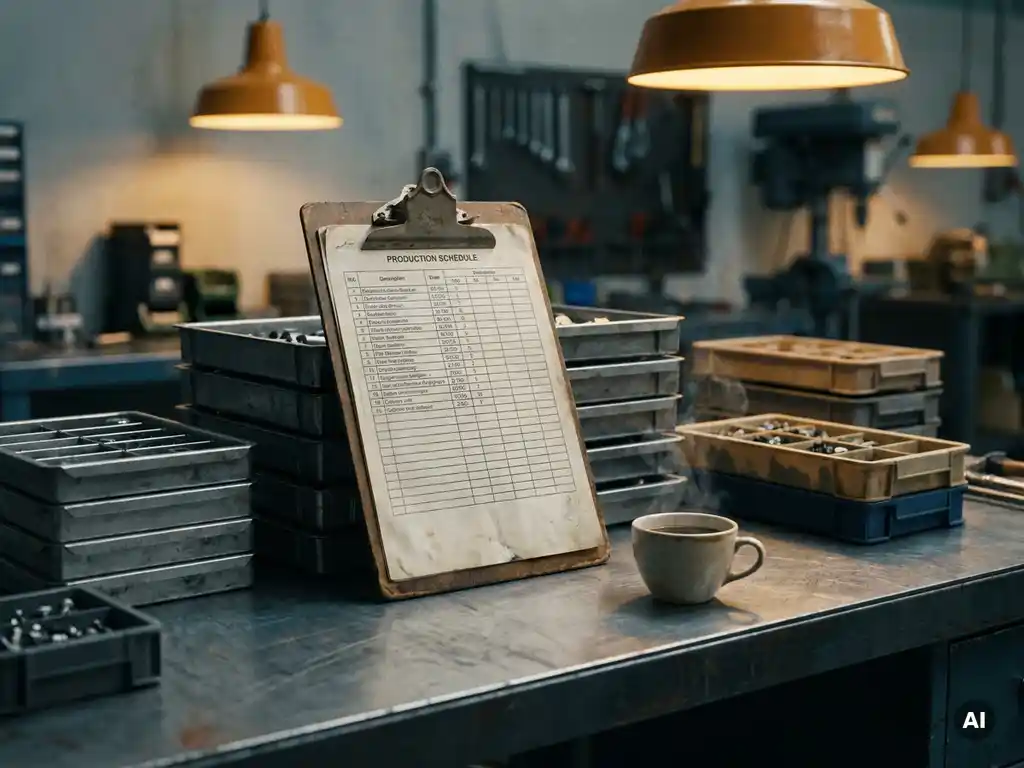 Factory floor production schedule on a clipboard atop a steel workbench, surrounded by component trays and a steaming coffee cup.