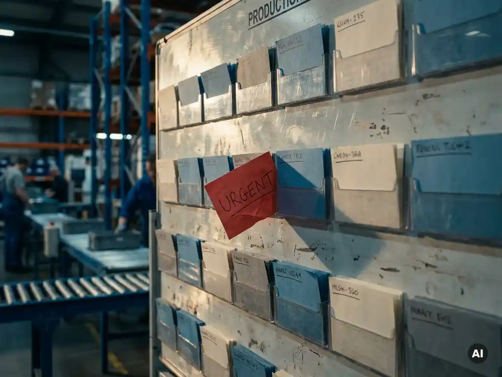Red urgent order card inserted between scheduled slots on a factory floor production board, disrupting the planned sequence.