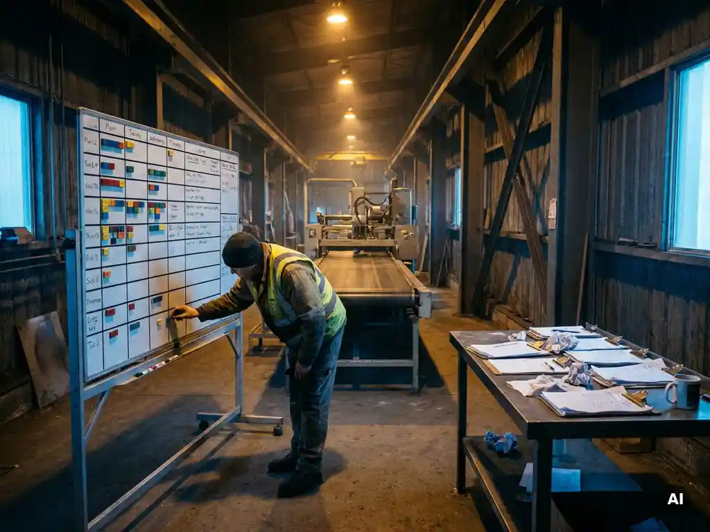 Worker urgently rearranging magnetic scheduling blocks on an industrial whiteboard during a halted factory production line, shift sheets scattered nearby.