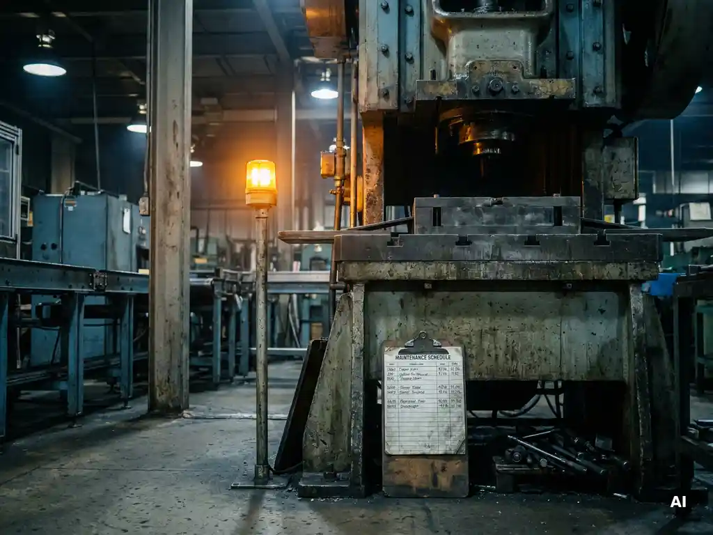 Heavy industrial machine idle on a factory floor, amber caution light illuminating a maintenance schedule clipboard, steel-blue shadows.