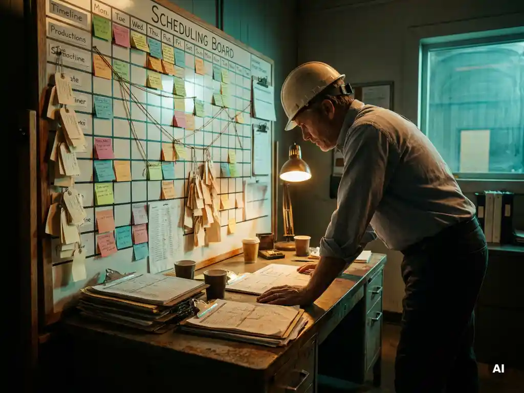 Factory production manager reviewing a complex scheduling board covered in color-coded sticky notes and dependency chains on an industrial desk.