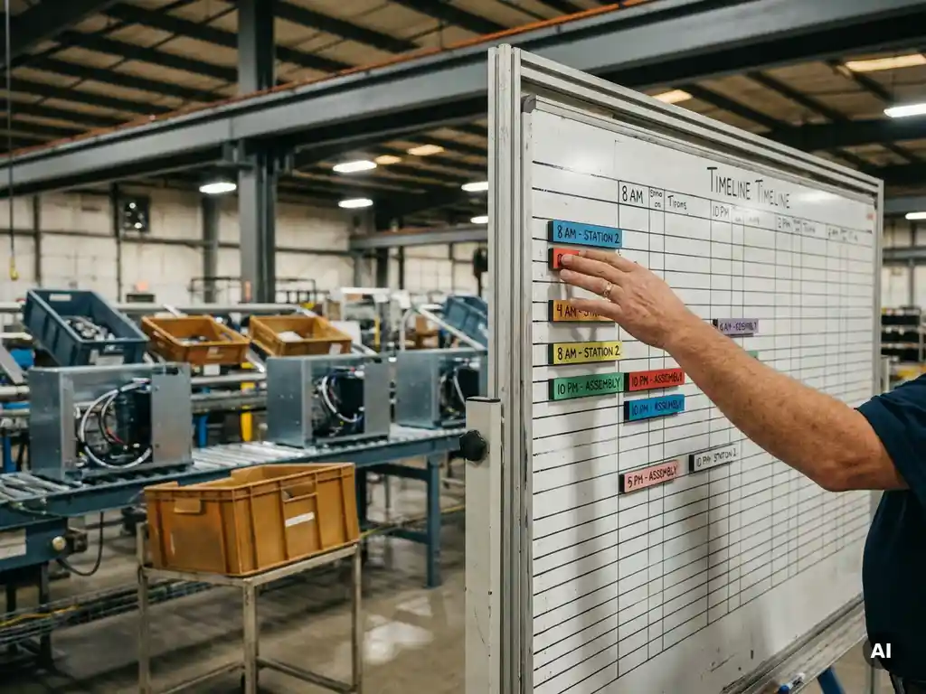 Supervisor rescheduling production timeline on magnetic whiteboard with half-assembled products on factory conveyor lines behind.