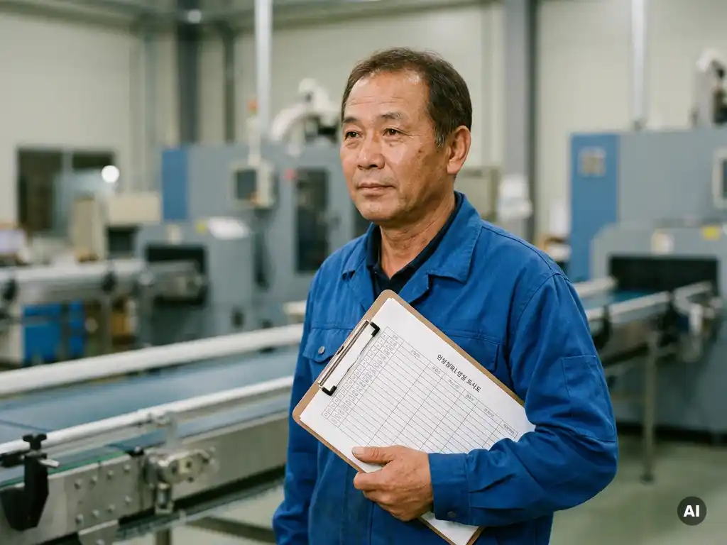 Factory floor supervisor reviewing a production schedule on a clipboard, with machinery and conveyor belts softly blurred behind them.