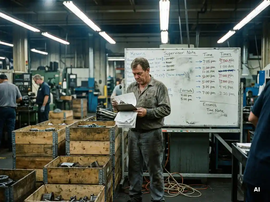 Supervisor reviewing conflicting paper schedules on a factory floor beside a whiteboard of erased entries and misaligned inventory crates.