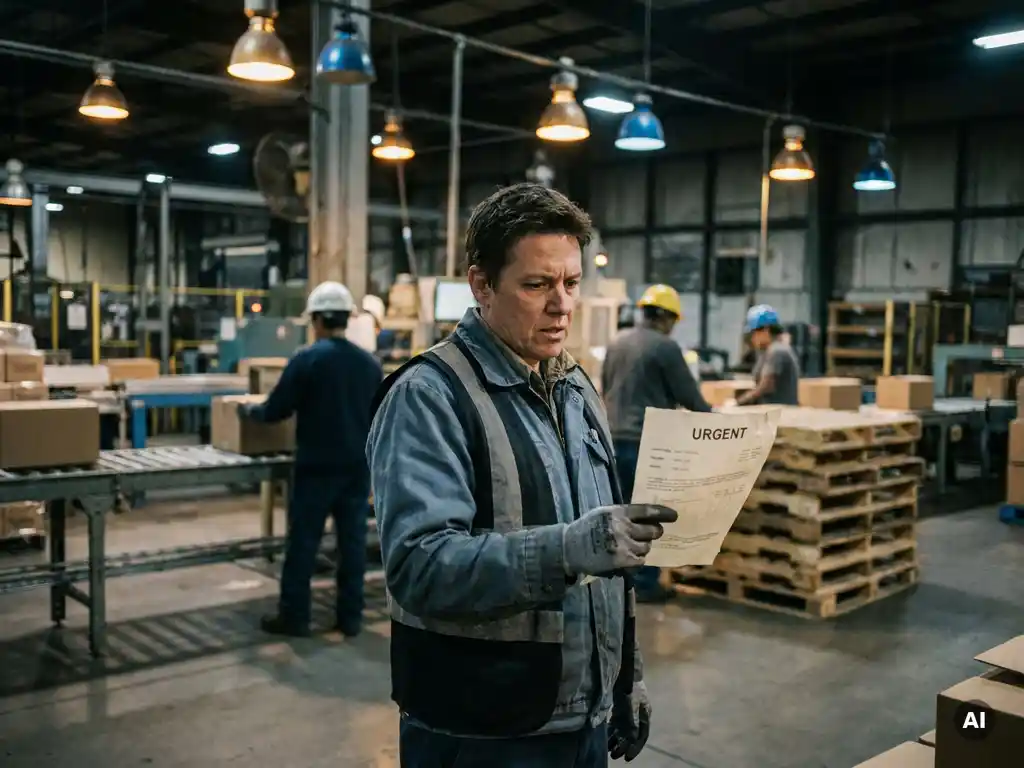 Factory floor supervisor holding urgent order sheet beside active conveyor belts and stacked pallets, workers reorganizing under dramatic industrial lighting.