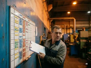 Production manager reviewing a factory scheduling board with colorful magnetic planning strips, clipboard with handwritten updates in hand, warm amber workshop lighting.