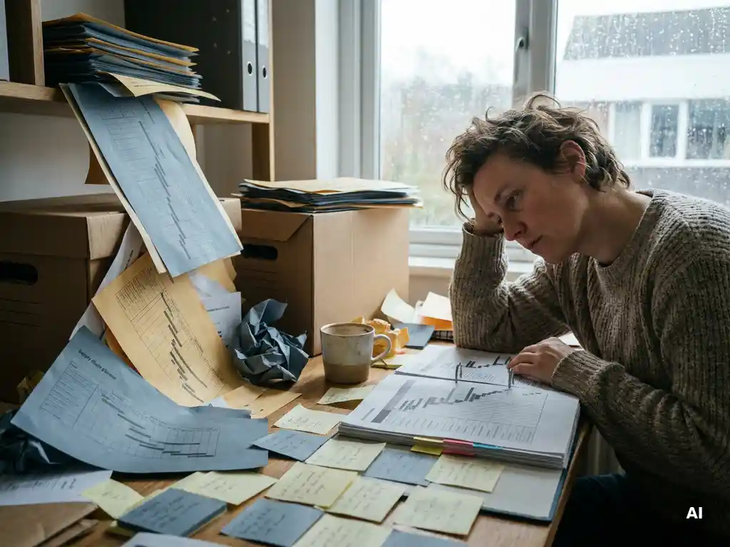 Supply chain planner surrounded by printed Gantt charts, sticky notes, and schedule sheets on a cluttered logistics desk beside an abandoned coffee cup.