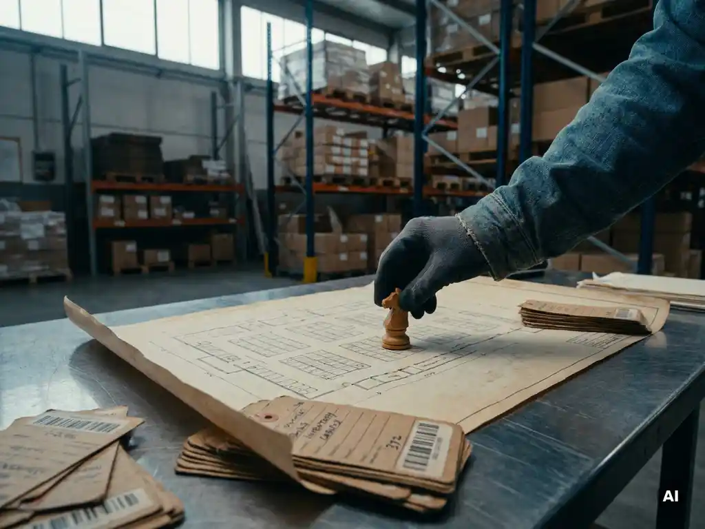 Supply chain planner's hand moving a chess piece on a warehouse floor map surrounded by scattered inventory cards, industrial shelving in background.