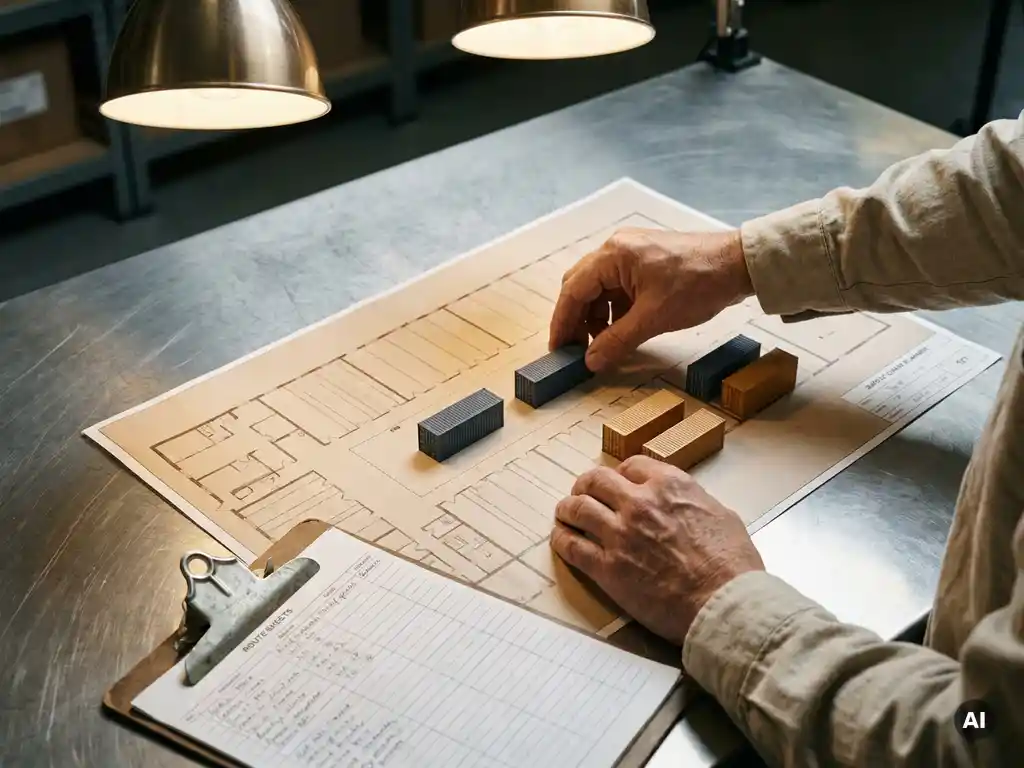 Supply chain planner arranging color-coded shipping containers on a warehouse floor plan at a steel desk, with route sheets on a clipboard nearby.