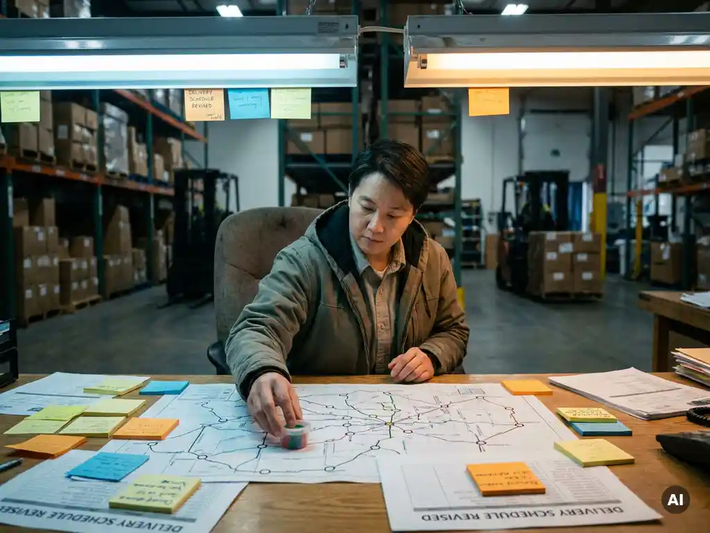 Supply chain planner adjusting a shipment marker on a printed route map at a warehouse logistics desk surrounded by rerouted delivery schedules.