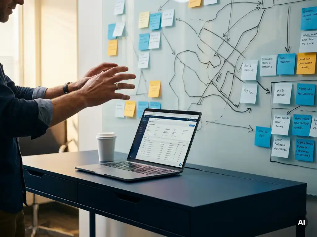 Supply chain planner's hands organizing color-coded sticky notes and logistics route maps on a whiteboard beside an open laptop.