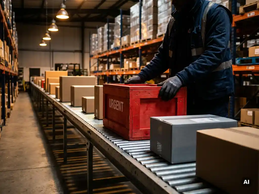 Warehouse worker inserting a red urgent-order crate into a moving conveyor line surrounded by neutral boxes and industrial shelving.